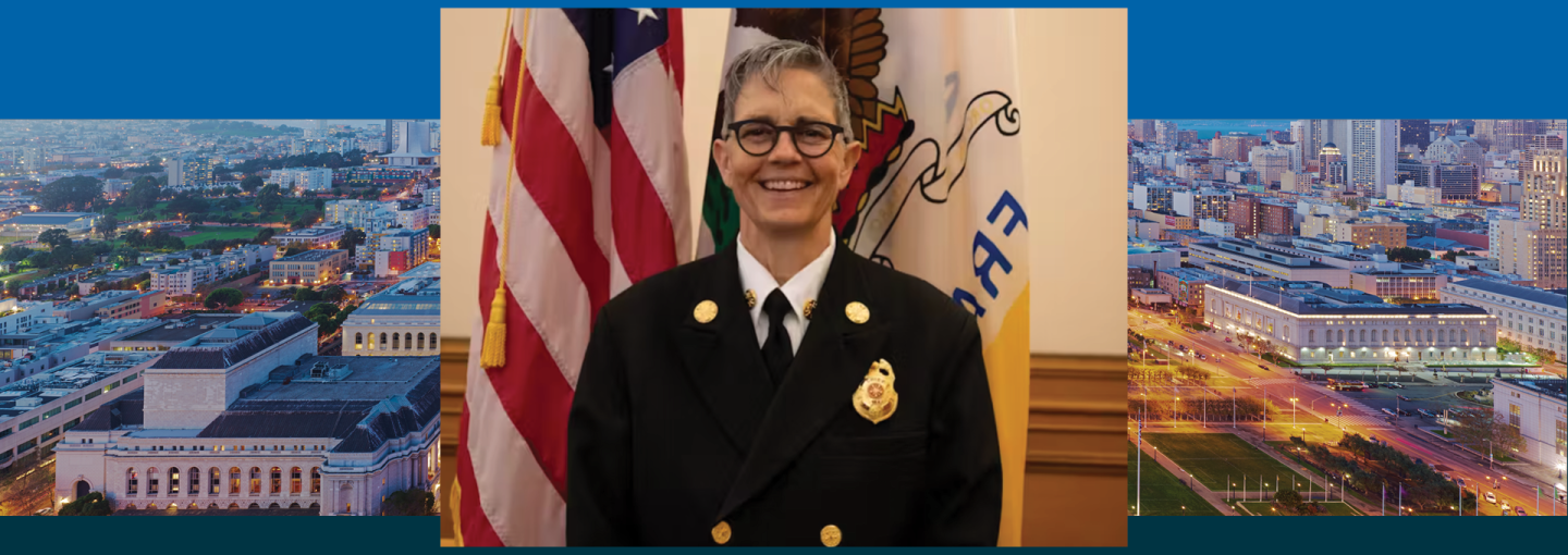 What's Next for Former S.F. Fire Chief Jeanine Nicholson Image - speaker and San Francisco background